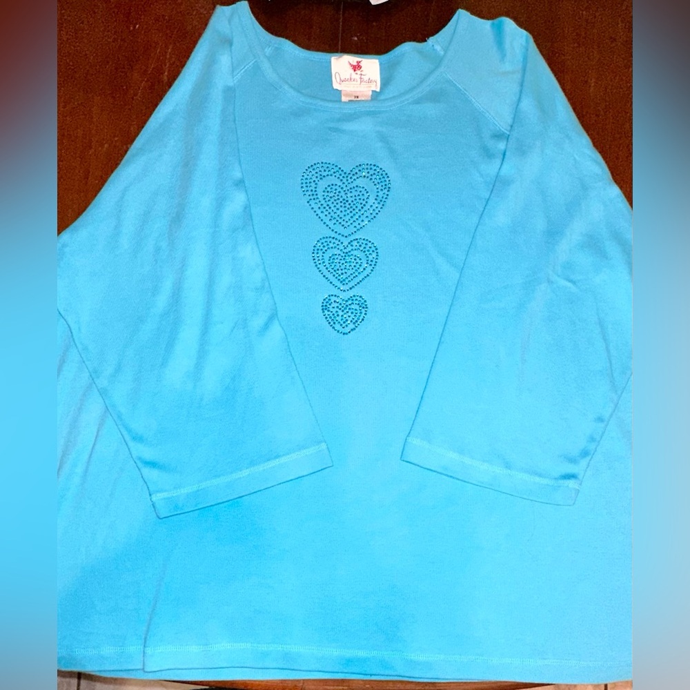 Quacker Factory 3X Aqua Heart Knit Top Blouse Shirt